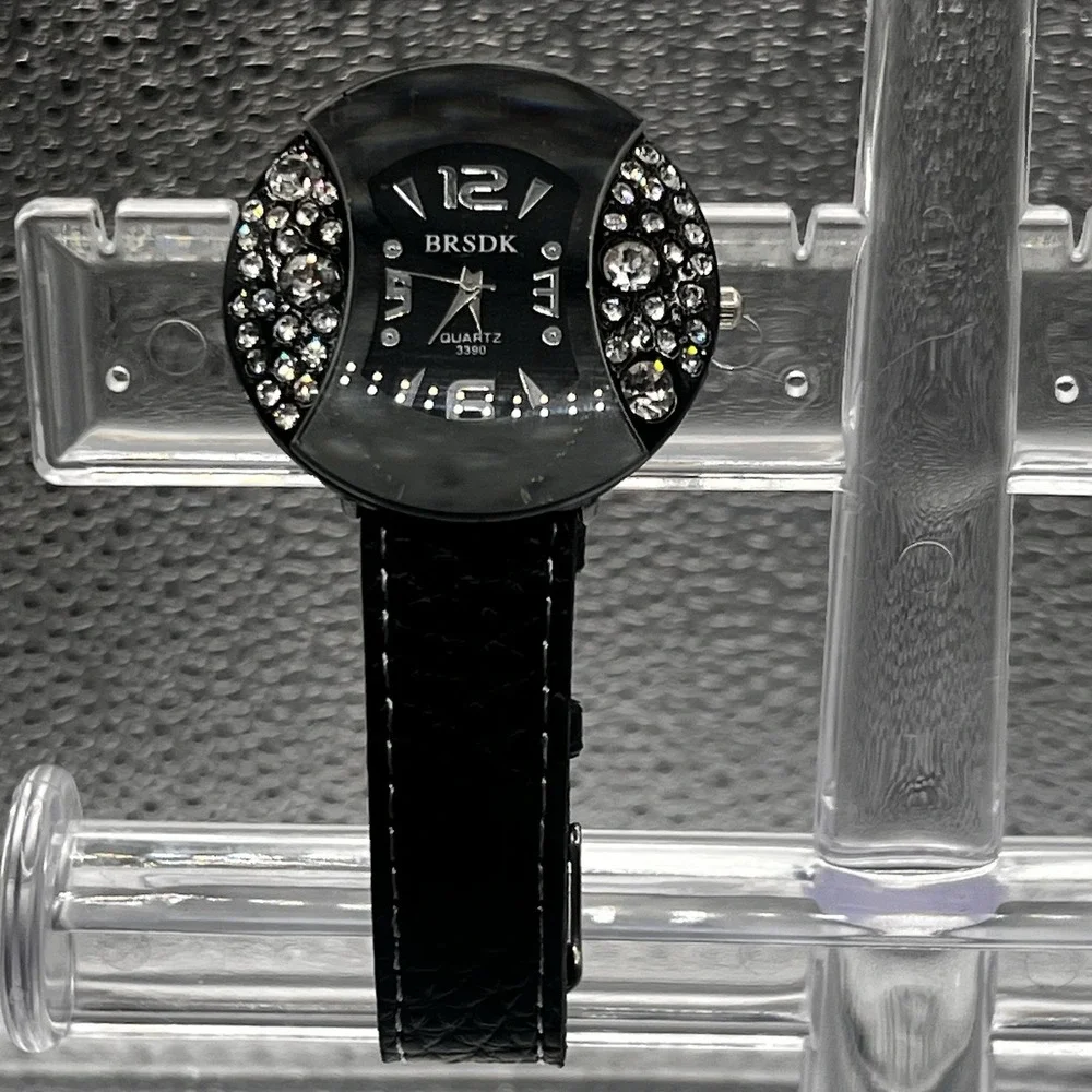 BRSDK Watch Quartz 3390 New Battery Black W/ Rhinestones Silver Numbers